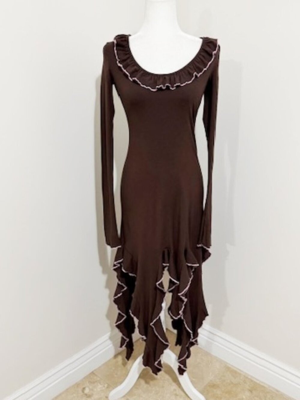 Commense Brown Midi Dress Handkerchief Ruffle Hem Open Back Size S NWT